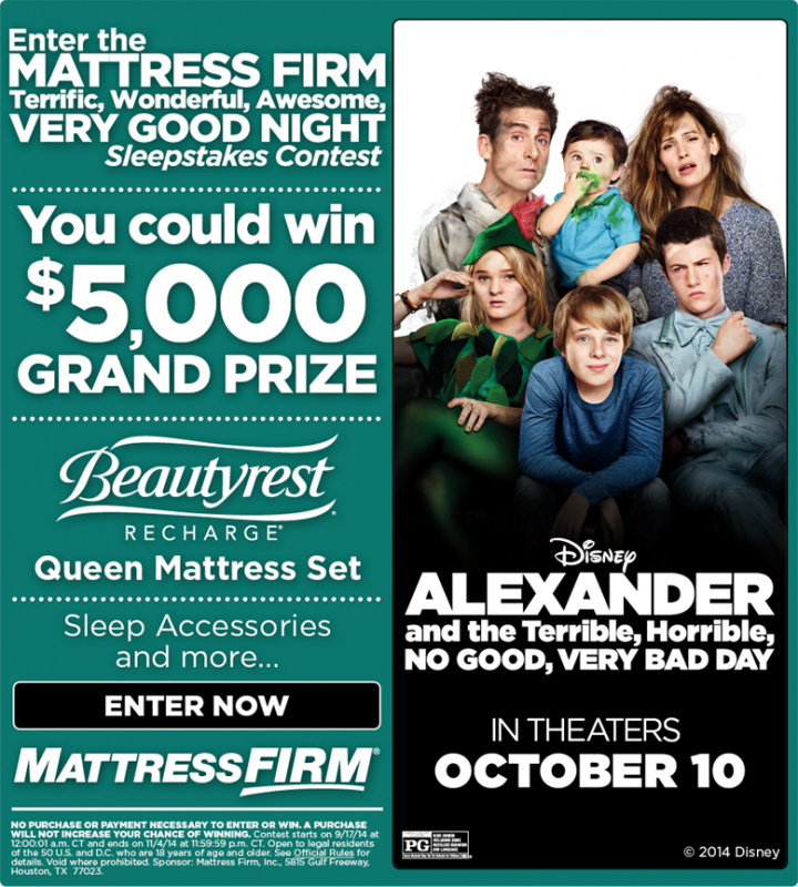 Disney’s “Alexander and the Terrible, Horrible, No Good, Very Bad Day” to present a “terrific, wonderful, awesome, very good night” Sleepstakes contest