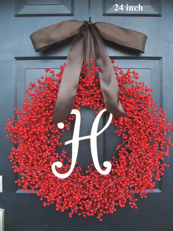 15 Christmas Wreath Ideas - Berry and Mnogram Letter Wreath