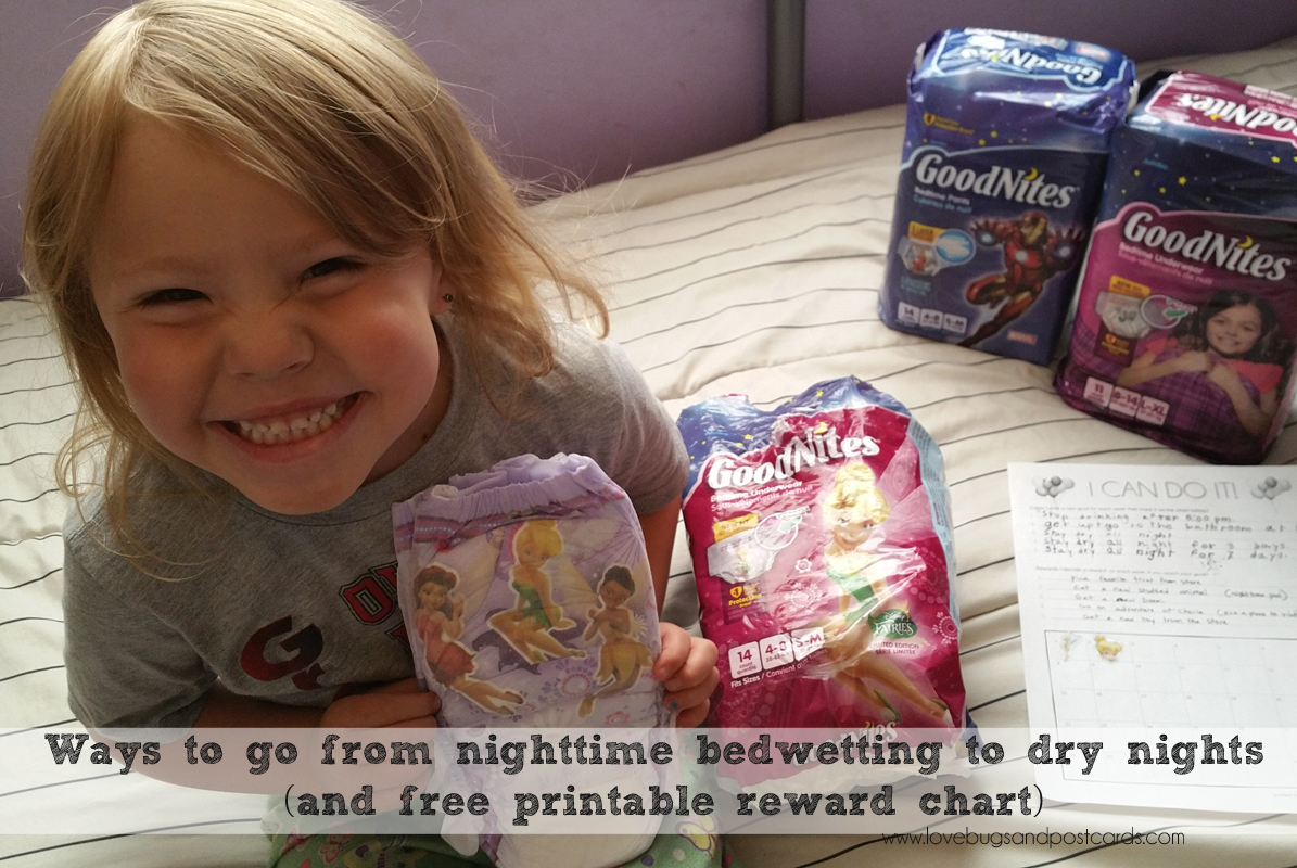Ways to go from nighttime bedwetting to dry nights (and free printable reward chart)