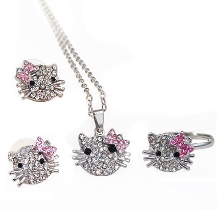 Lovely Kitty Necklace Ring Earrings Kid's Jewelry Set