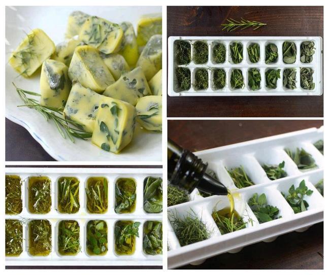 Cut fresh herbs and put them into an ice cube tray with melted butter or olive oil and freeze.