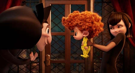 Dracula (Adam Sandler), Dennis (Asher Blinkoff) and Mavis (Selena Gomez) in Columbia Pictures and Sony Pictures Animation's HOTEL TRANSYLVANIA 2.