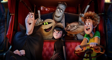 Dracula (Adam Sandler), Griffin the Invisible Man (David Spade), Murray the Mummy, Frank (Kevin James), Mavis (Selena Gomez), Wayne (Steve Buscemi), and Johnny (Andy Samberg) in Columbia Pictures' and Sony Pictures Animation's Hotel Transylvania 2.