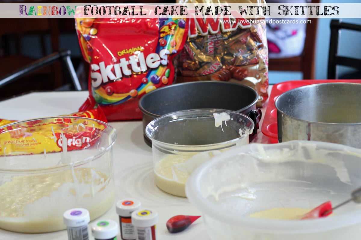 Football Rainbow cake made with Skittles for Super Bowl fun #MakeSB50Sweeter